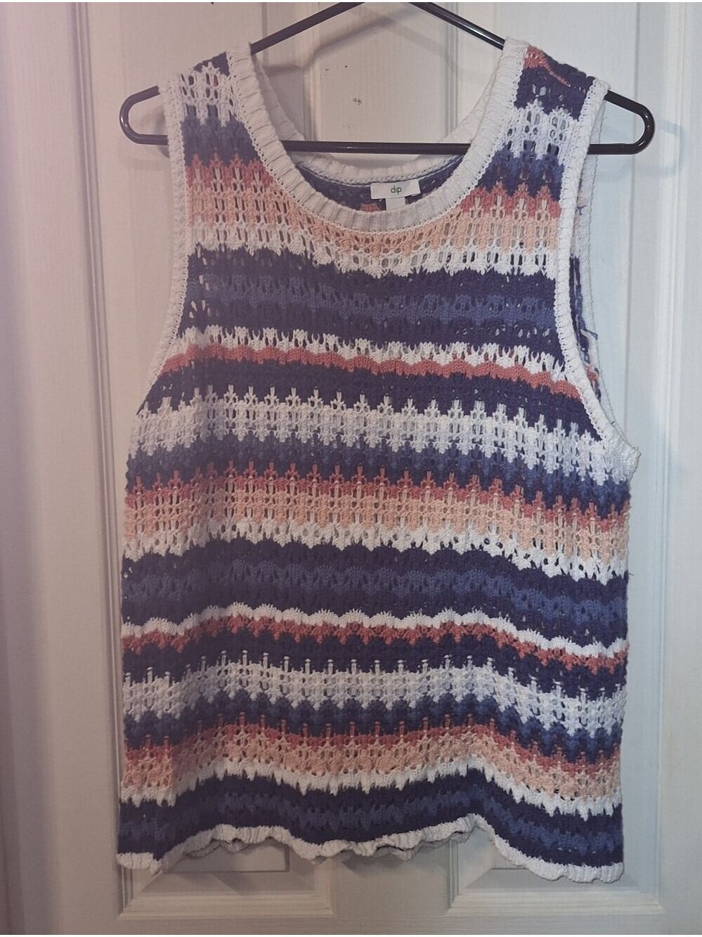 Dip White Navy Coral Striped Knit Crochet Tank Top Vest XL